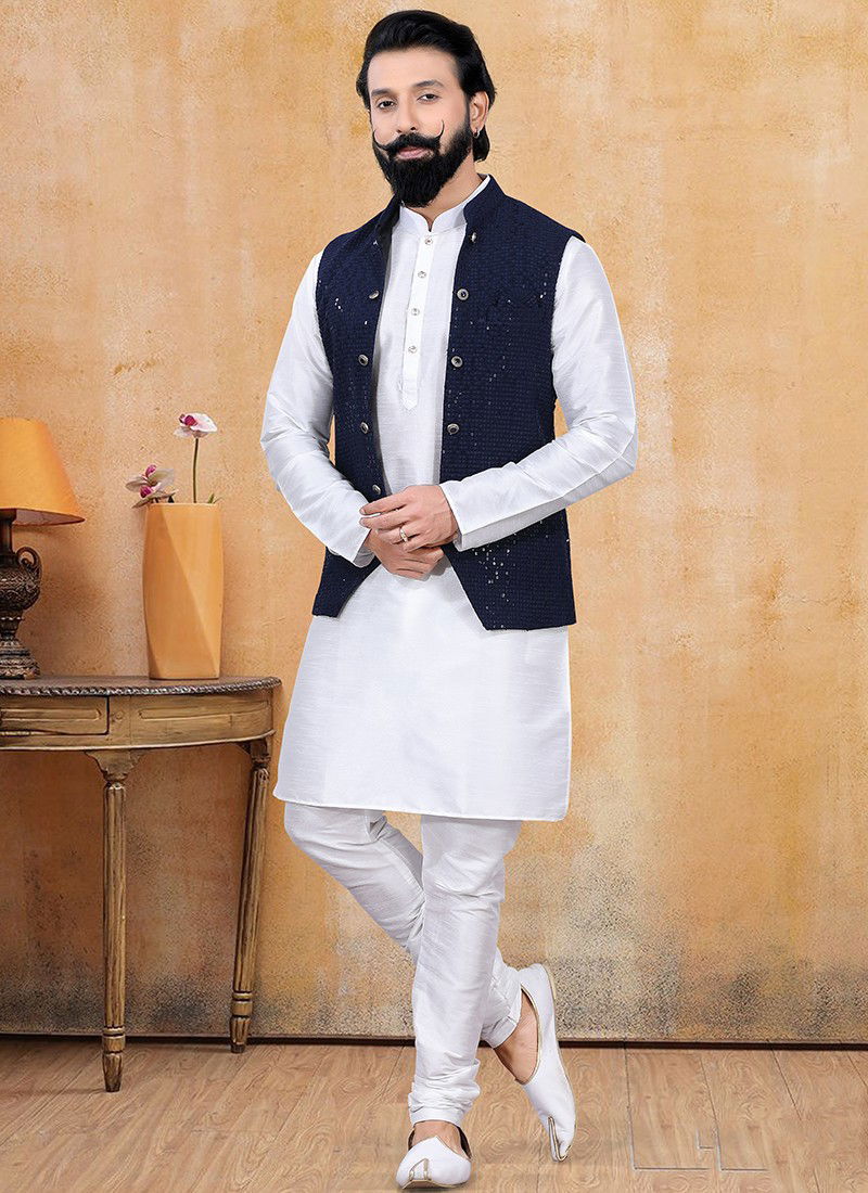 Navy Blue Heavy Designer Fancy Festive Wear Kurta Pajama With Jacket Collection 1270